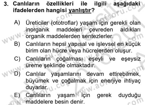 Okulöncesinde Fen Eğitimi Dersi Ara Sınavı Deneme Sınav Soruları 3. Soru