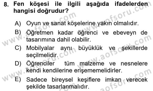 Okulöncesinde Fen Eğitimi Dersi 2017 - 2018 Yılı (Final) Dönem Sonu Sınav Soruları 8. Soru