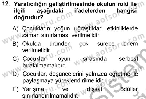 Okulöncesinde Yaratıcılık Dersi Ara Sınavı Deneme Sınav Soruları 12. Soru