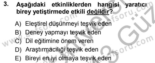 Okulöncesinde Yaratıcılık Dersi Ara Sınavı Deneme Sınav Soruları 3. Soru