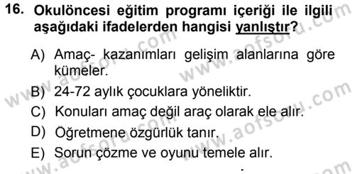 Okulöncesinde Yaratıcılık Dersi Ara Sınavı Deneme Sınav Soruları 16. Soru