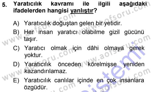 Okulöncesinde Yaratıcılık Dersi Ara Sınavı Deneme Sınav Soruları 5. Soru