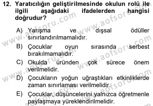 Okulöncesinde Yaratıcılık Dersi Ara Sınavı Deneme Sınav Soruları 12. Soru