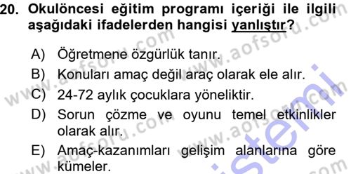 Okulöncesinde Yaratıcılık Dersi Ara Sınavı Deneme Sınav Soruları 20. Soru