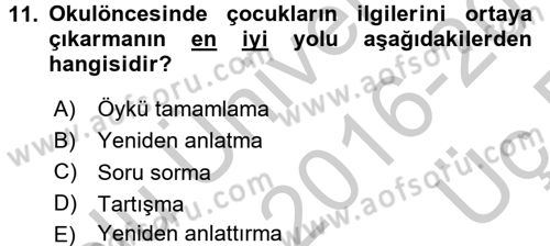 Okulöncesinde Yaratıcılık Dersi 2016 - 2017 Yılı 3 Ders Sınav Soruları 11. Soru
