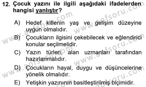 Okulöncesinde Yaratıcılık Dersi 2016 - 2017 Yılı 3 Ders Sınav Soruları 12. Soru