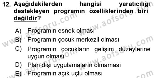 Okulöncesinde Yaratıcılık Dersi Ara Sınavı Deneme Sınav Soruları 12. Soru