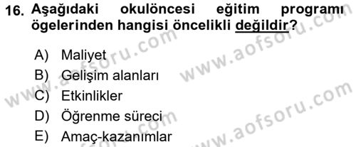 Okulöncesinde Yaratıcılık Dersi Ara Sınavı Deneme Sınav Soruları 16. Soru