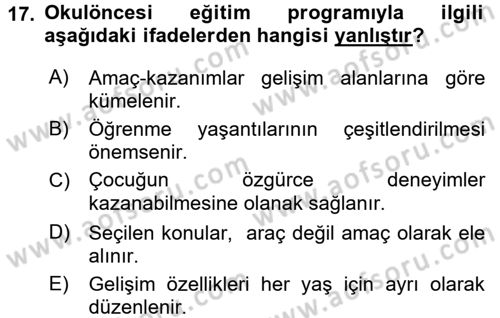 Okulöncesinde Yaratıcılık Dersi Ara Sınavı Deneme Sınav Soruları 17. Soru