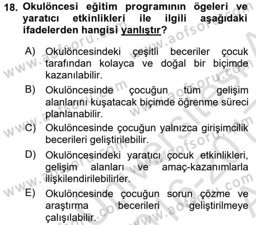 Okulöncesinde Yaratıcılık Dersi Ara Sınavı Deneme Sınav Soruları 18. Soru