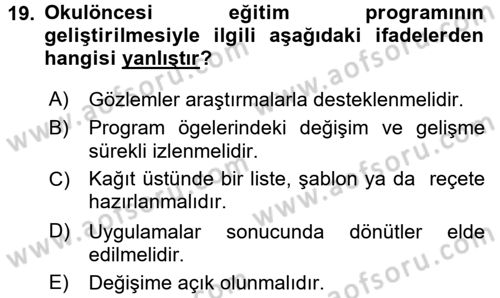 Okulöncesinde Yaratıcılık Dersi Ara Sınavı Deneme Sınav Soruları 19. Soru