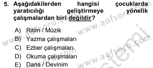 Okulöncesinde Yaratıcılık Dersi Ara Sınavı Deneme Sınav Soruları 5. Soru