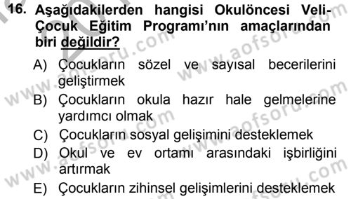 Anne Baba Eğitimi Dersi Ara Sınavı Deneme Sınav Soruları 16. Soru