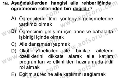 Anne Baba Eğitimi Dersi 2013 - 2014 Yılı (Final) Dönem Sonu Sınav Soruları 16. Soru