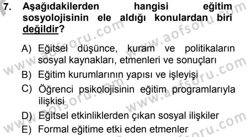 Eğitim Bilimine Giriş Dersi Ara Sınavı Deneme Sınav Soruları 7. Soru