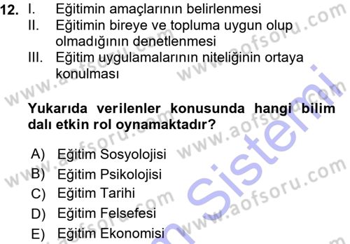 Eğitim Bilimine Giriş Dersi 2015 - 2016 Yılı (Vize) Ara Sınavı 12. Soru