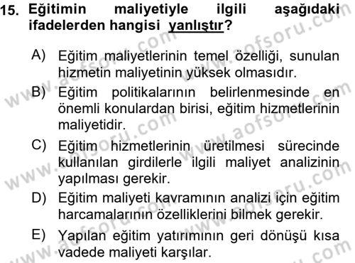 Eğitim Bilimine Giriş Dersi 2015 - 2016 Yılı (Vize) Ara Sınavı 15. Soru