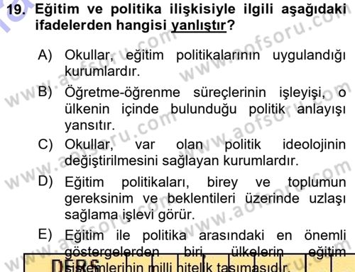 Eğitim Bilimine Giriş Dersi 2015 - 2016 Yılı (Vize) Ara Sınavı 19. Soru