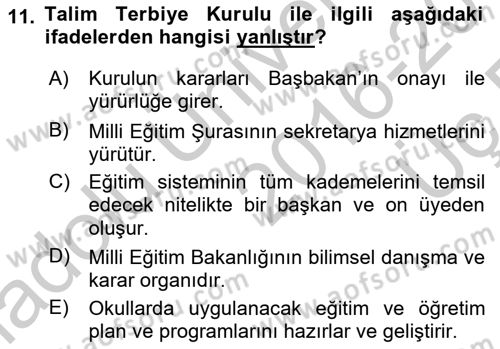Eğitim Bilimine Giriş Dersi 2016 - 2017 Yılı 3 Ders Sınav Soruları 11. Soru