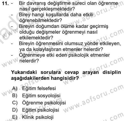 Eğitim Bilimine Giriş Dersi Ara Sınavı Deneme Sınav Soruları 11. Soru