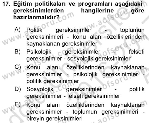 Eğitim Bilimine Giriş Dersi Ara Sınavı Deneme Sınav Soruları 17. Soru