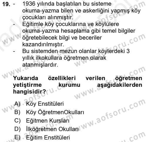 Eğitim Bilimine Giriş Dersi 2016 - 2017 Yılı (Final) Dönem Sonu Sınav Soruları 19. Soru