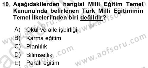 Eğitim Bilimine Giriş Dersi 2018 - 2019 Yılı 3 Ders Sınavı 10. Soru