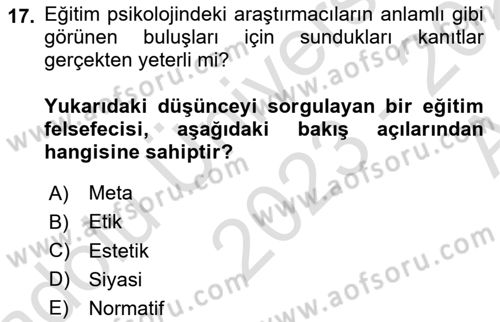 Eğitim Bilimine Giriş Dersi 2023 - 2024 Yılı (Vize) Ara Sınav Soruları 17. Soru