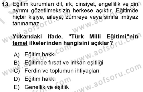 Eğitim Bilimine Giriş Dersi 2023 - 2024 Yılı (Final) Dönem Sonu Sınav Soruları 13. Soru