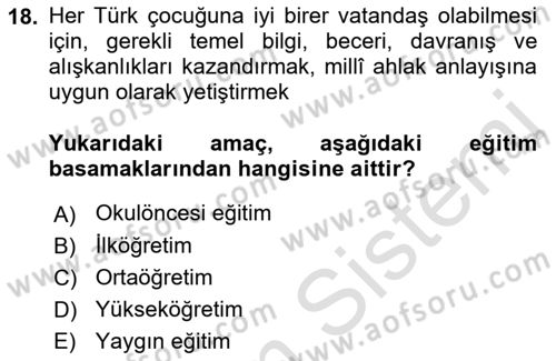 Eğitim Bilimine Giriş Dersi 2023 - 2024 Yılı (Final) Dönem Sonu Sınav Soruları 18. Soru