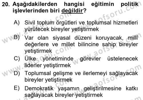 Eğitim Bilimine Giriş Dersi 2023 - 2024 Yılı (Final) Dönem Sonu Sınav Soruları 20. Soru