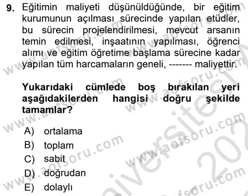 Eğitim Bilimine Giriş Dersi 2023 - 2024 Yılı (Final) Dönem Sonu Sınav Soruları 9. Soru