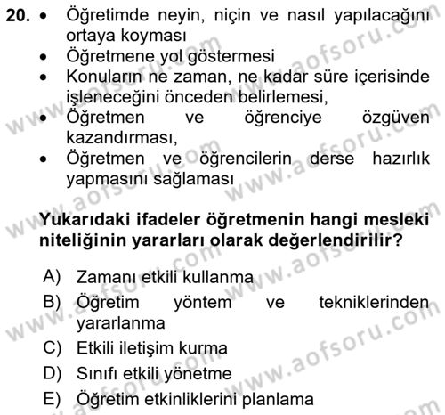 Eğitim Bilimine Giriş Dersi 2023 - 2024 Yılı Yaz Okulu Sınav Soruları 20. Soru