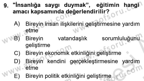 Eğitim Bilimine Giriş Dersi 2024 - 2025 Yılı (Vize) Ara Sınav Soruları 9. Soru