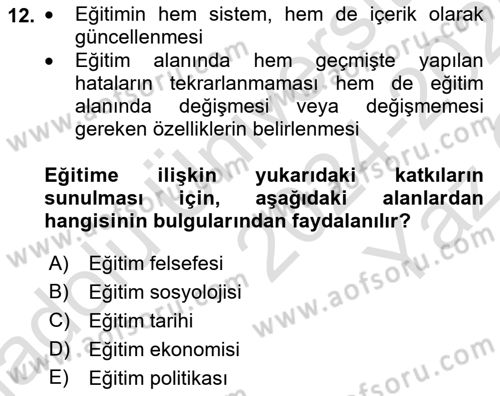 Eğitim Bilimine Giriş Dersi 2024 - 2025 Yılı Yaz Okulu Sınav Soruları 12. Soru