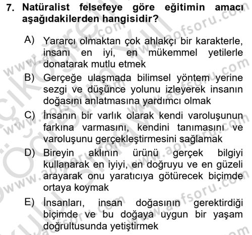 Eğitim Bilimine Giriş Dersi 2024 - 2025 Yılı Yaz Okulu Sınav Soruları 7. Soru