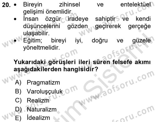 Eğitim Bilimine Giriş Dersi 2025 - 2026 Yılı (Vize) Ara Sınav Soruları 20. Soru
