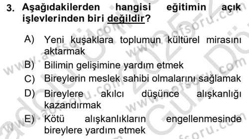 Eğitim Bilimine Giriş Dersi 2025 - 2026 Yılı (Vize) Ara Sınav Soruları 3. Soru