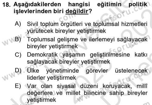 Eğitim Bilimine Giriş Dersi 2025 - 2026 Yılı (Final) Dönem Sonu Sınav Soruları 18. Soru