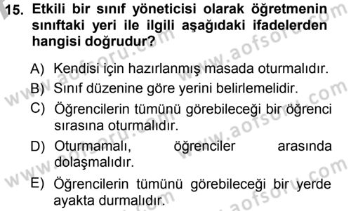 Sınıf Yönetimi Dersi Ara Sınavı Deneme Sınav Soruları 15. Soru