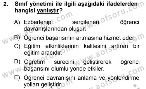 Sınıf Yönetimi Dersi Ara Sınavı Deneme Sınav Soruları 2. Soru