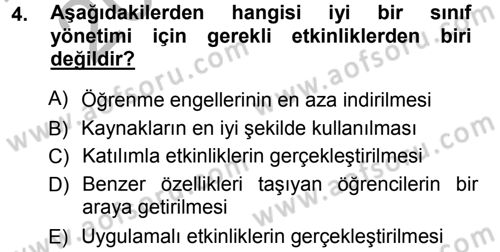 Sınıf Yönetimi Dersi Ara Sınavı Deneme Sınav Soruları 4. Soru