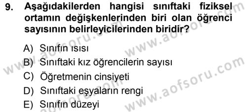 Sınıf Yönetimi Dersi Ara Sınavı Deneme Sınav Soruları 9. Soru