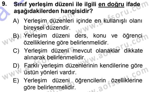 Sınıf Yönetimi Dersi Ara Sınavı Deneme Sınav Soruları 9. Soru