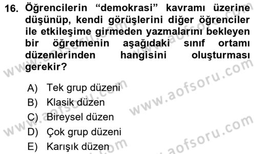 Sınıf Yönetimi Dersi Ara Sınavı Deneme Sınav Soruları 16. Soru