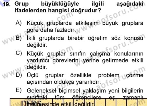 Sınıf Yönetimi Dersi Ara Sınavı Deneme Sınav Soruları 19. Soru