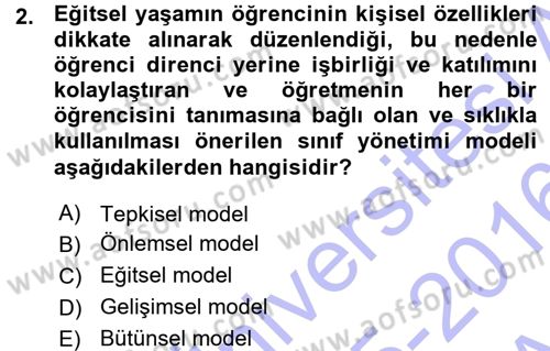Sınıf Yönetimi Dersi 2015 - 2016 Yılı (Vize) Ara Sınav Soruları 2. Soru