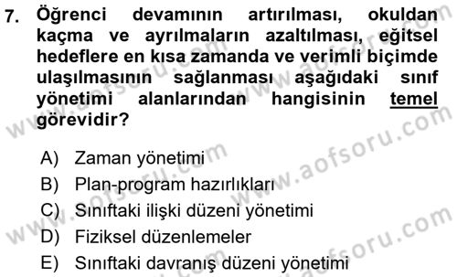 Sınıf Yönetimi Dersi Ara Sınavı Deneme Sınav Soruları 7. Soru