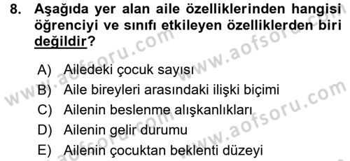 Sınıf Yönetimi Dersi Ara Sınavı Deneme Sınav Soruları 8. Soru