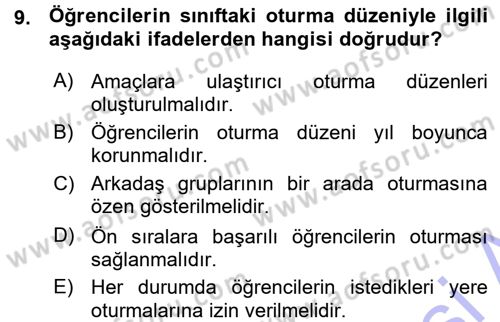 Sınıf Yönetimi Dersi 2015 - 2016 Yılı (Vize) Ara Sınav Soruları 9. Soru